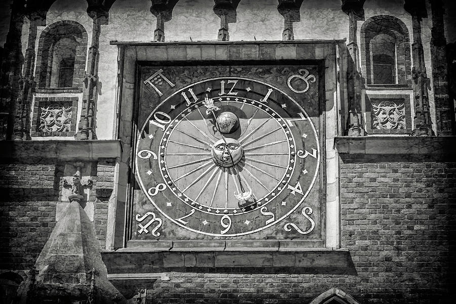 Clock Photograph - Astronomical Clock Wroclaw Town Hall Poland in Black and White by Carol Japp