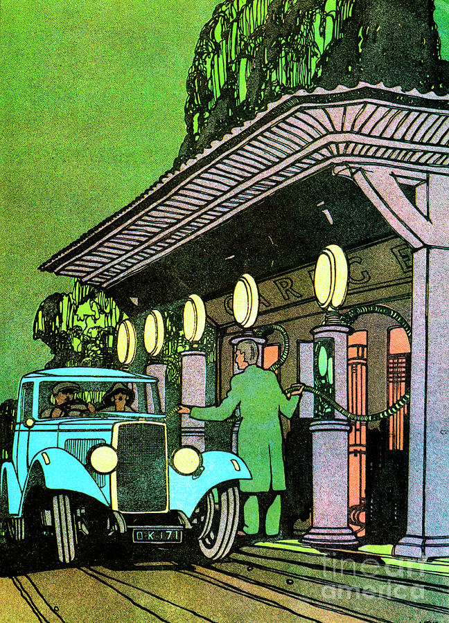 At A Filling Station, C1930. Artist Drawing by Heritage Images