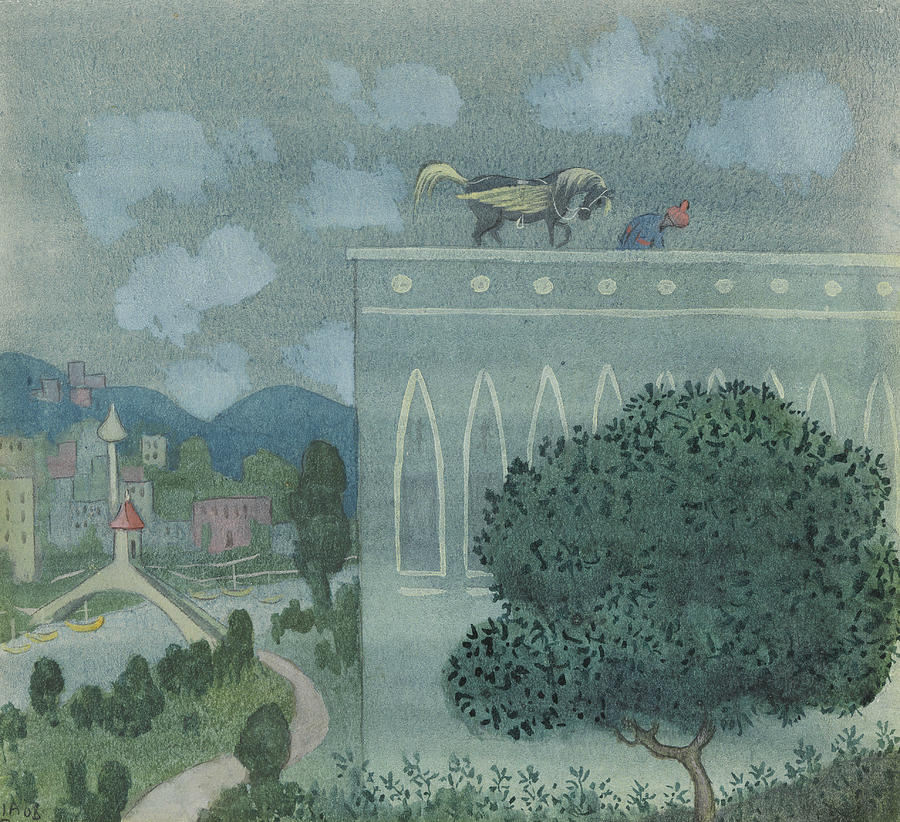 At midnight, the horse horse lands on the roof of the caliphs castle Drawing by Ivar Arosenius
