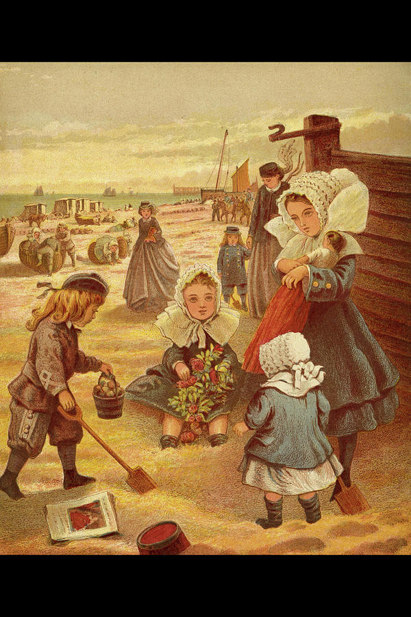 At the Beach a family with children Painting by Kronheim & Dalziels