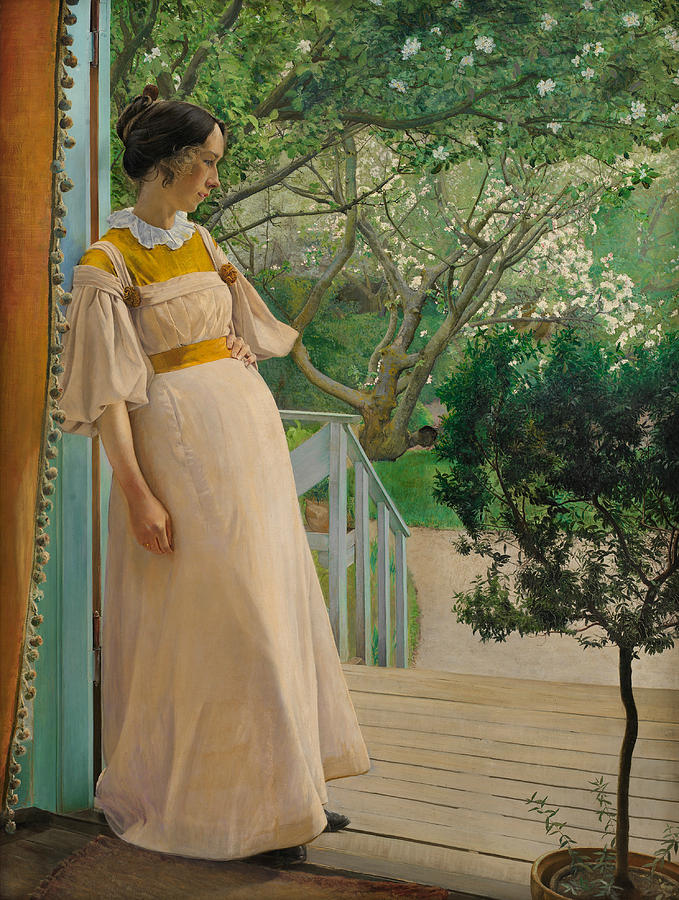 At the French Windows. The Artists Wife Painting by Laurits Andersen Ring