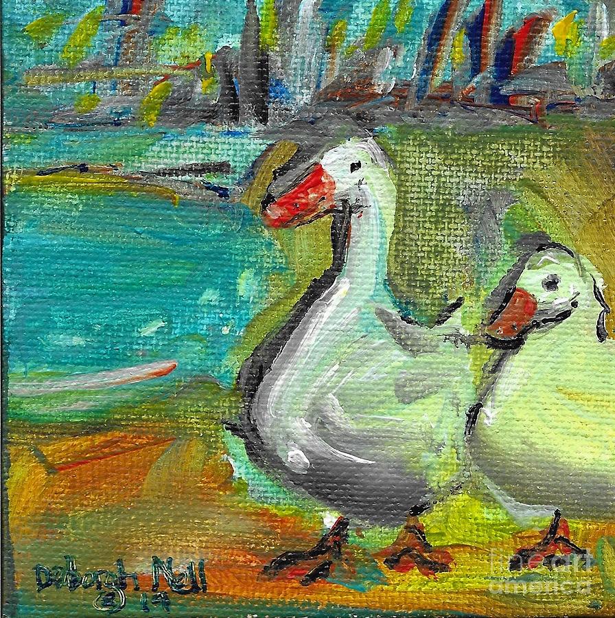 White Ducks Painting - At The Pond by Deborah Nell