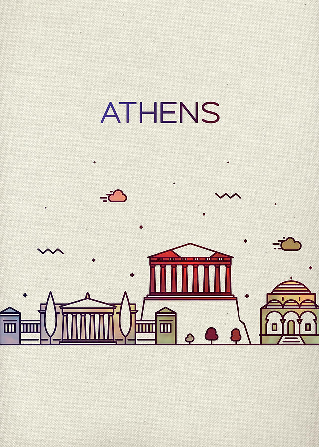 City Mixed Media - Athens Greece City Skyline Whimsical Fun Tall Bright Series by Design Turnpike