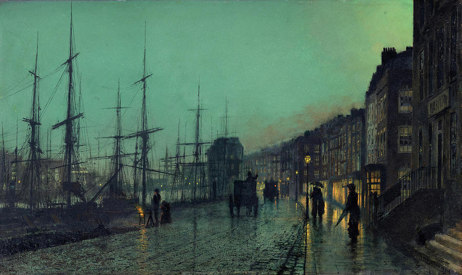 Atkinson Grimshaw -Leeds, 1836 -1893-. Shipping on the Clyde -1881-. Oil on cardboard. 30.5 x 51 cm. Painting by John Atkinson Grimshaw -1836-1893-