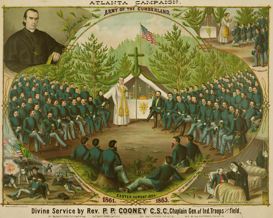 Atlanta campaign. Army of the Cumberland. Divine service by Rev. P.P. Cooney, C.S.C. Chaplain Gen. of Ind. Troops in the field Painting by Atlanta campaign. Army of the Cumberland. Divine service by Rev. P.P. Cooney, C.S.C. Chaplain Gen. of Ind. Troops in the field Painting by