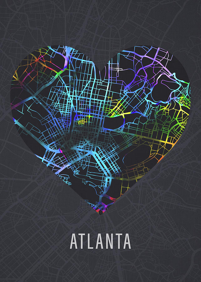 Atlanta Mixed Media - Atlanta Georgia City Heart Street Map Love Dark Mode by Design Turnpike