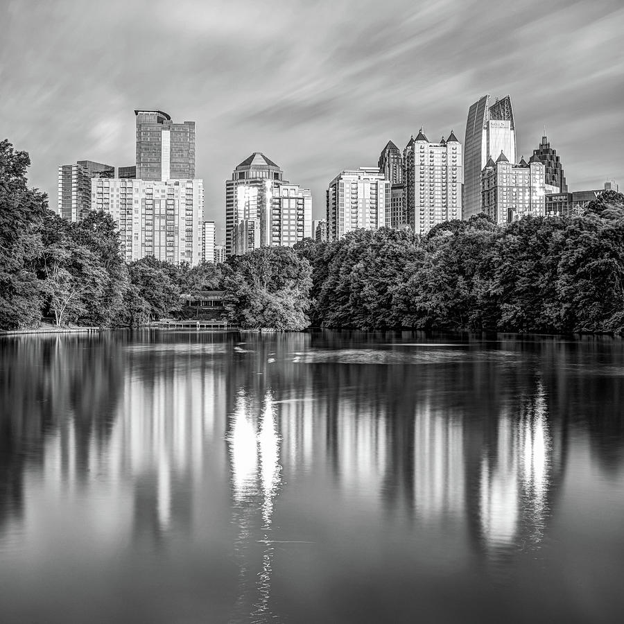 Atlanta Skyline On Lake Clara Meer - Piedmont Park View Monochrome 1x1 Photograph