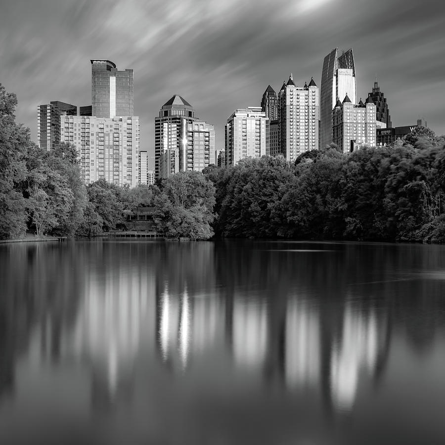 Atlanta Skyline Photograph - Atlanta Skyline Reflections - PIedmont Park Lake Monochrome 1x1 by Gregory Ballos