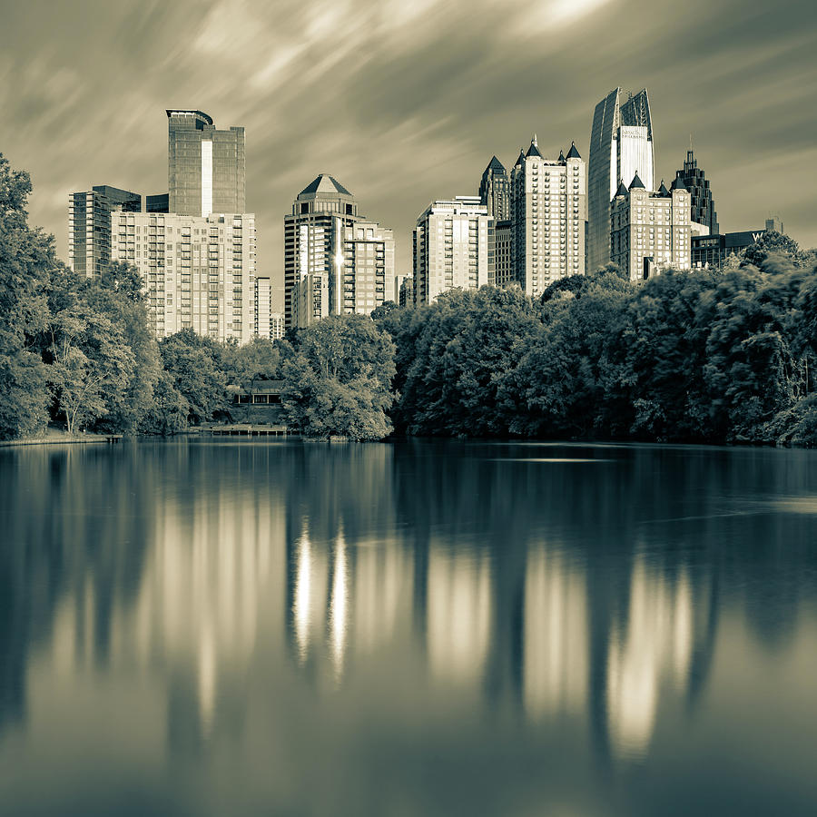 Atlanta Skyline Photograph - Atlanta Skyline Reflections - PIedmont Park Lake Sepia 1x1 by Gregory Ballos