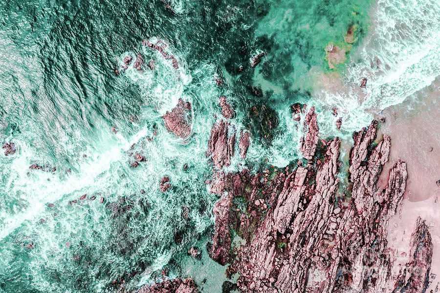 Landscape Photograph - Atlantic Ocean Waves Crashing On Rocks In Lagos, Algarve, Portugal. Landscape Print, Aerial Photo by Radu Bercan