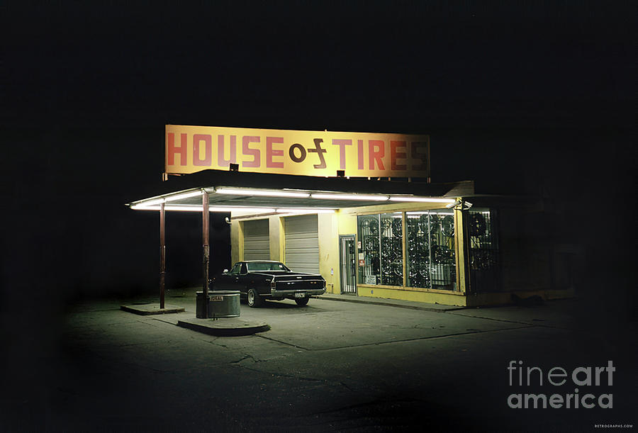Atmospheric Photo Of House Of Tires Service Station At Night Photograph by Retrographs
