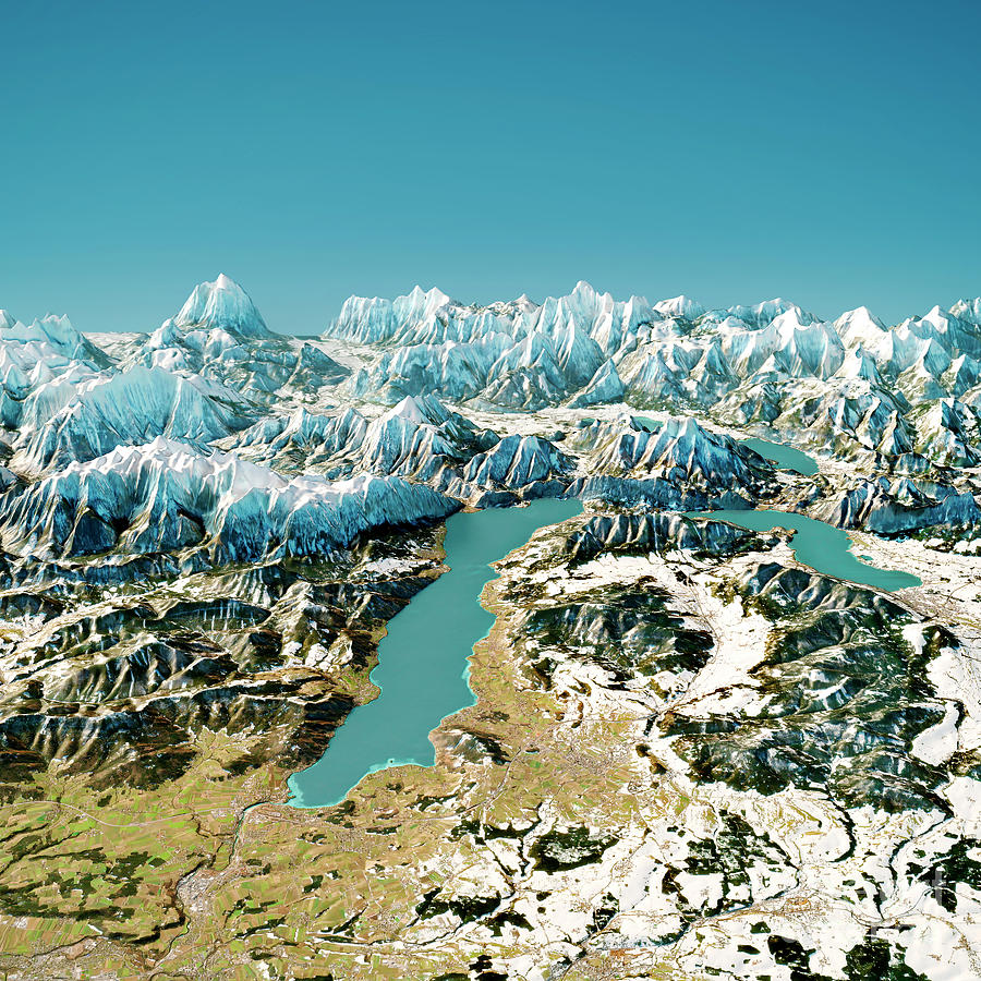 Winter Digital Art - Attersee Austria 3D Render Topographic Map Winter View from Nort by Frank Ramspott