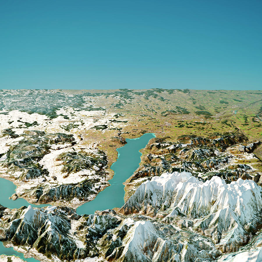 Winter Digital Art - Attersee Austria 3D Render Topographic Map Winter View from Sout by Frank Ramspott