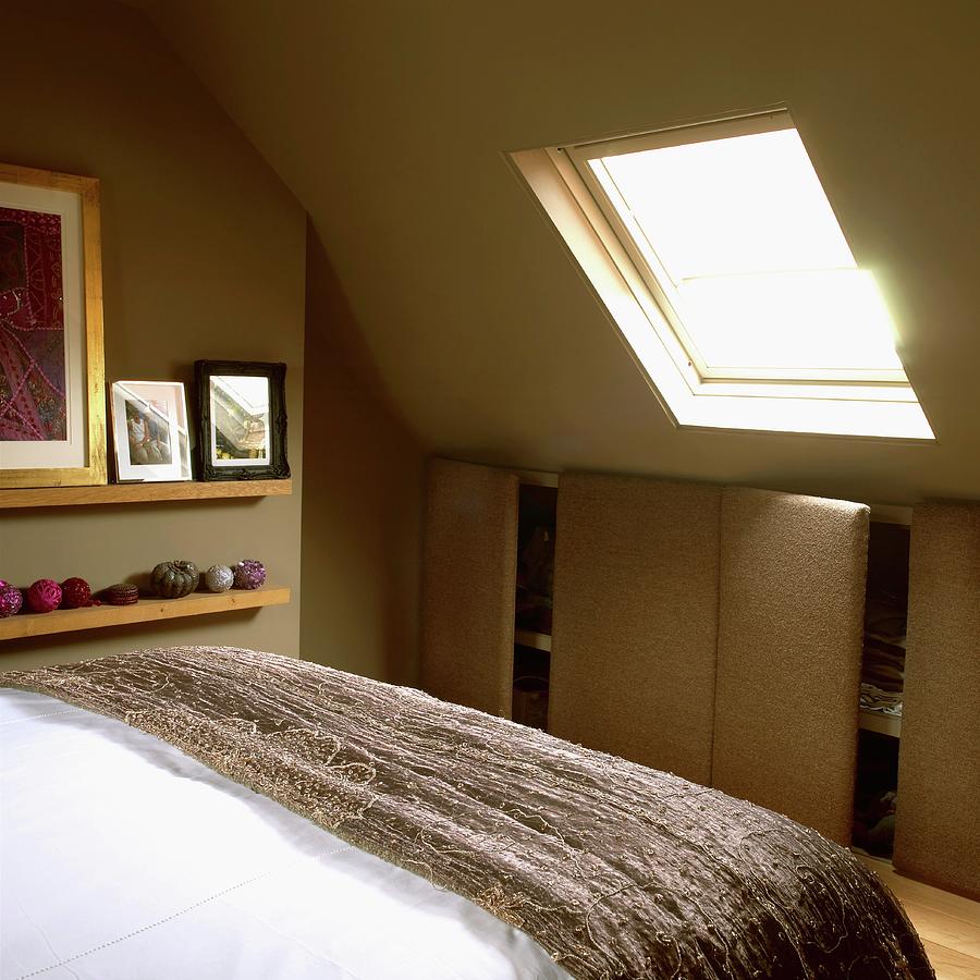 Attic Bedroom With Green Walls, Built In Closet With Upholstered Doors ...