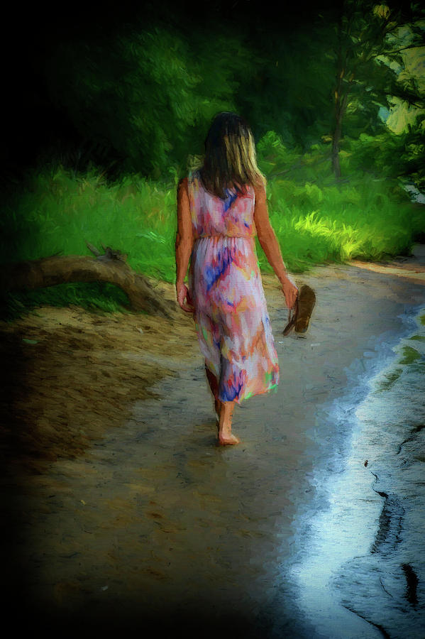 Attractive lady walking down a shore line   paintography Photograph by Dan Friend