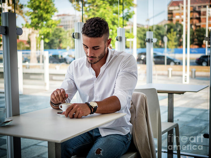 Attractive Man Drinking Coffee in a Bar Coffee Mug by Stefano C