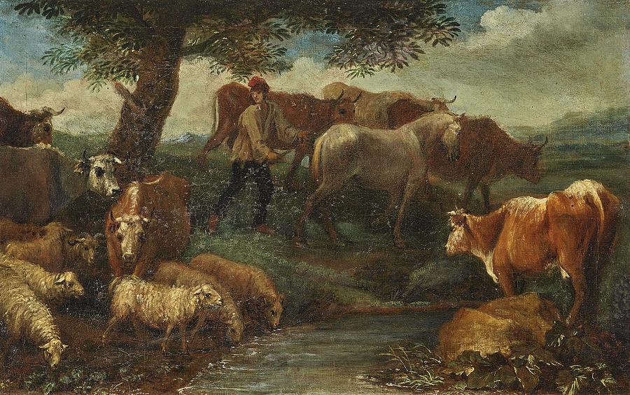 Hat Painting -  Attributed to  BEICH, FRANZ JOACHIM   Resting Shepherd with Cattle by Celestial Images