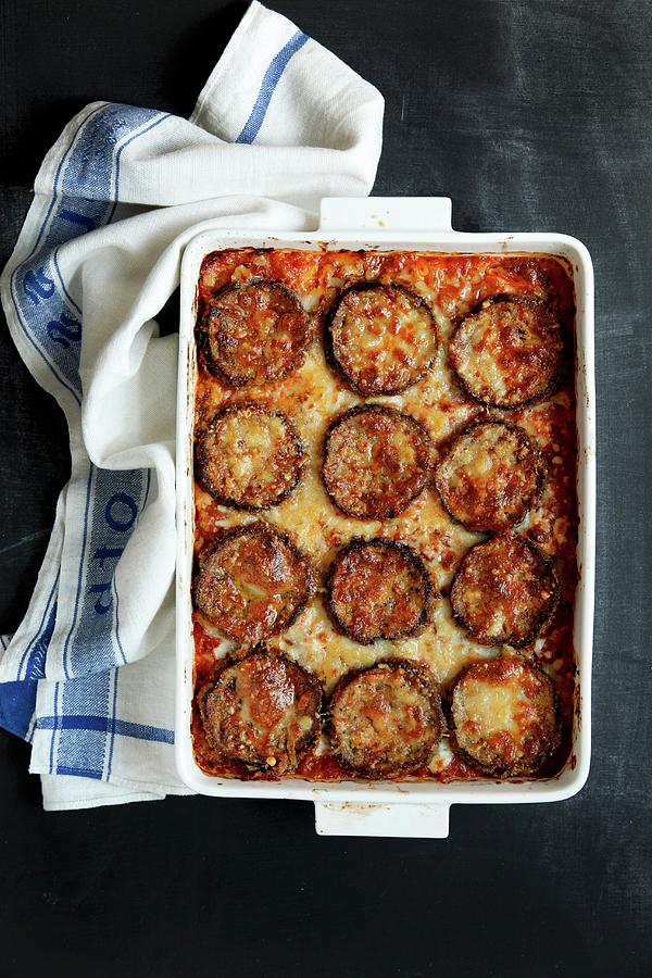 Aubergine Bake With Tomato Sauce And Melted Cheese seen From Above Photograph by Danya Weiner