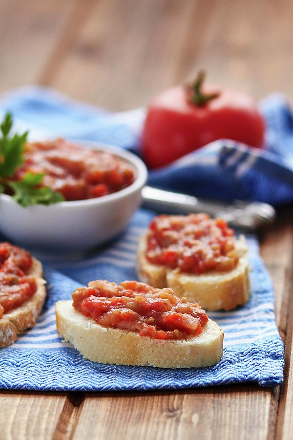 Aubergine Caviar On Slices Of Baguette Photograph by Helena Krol