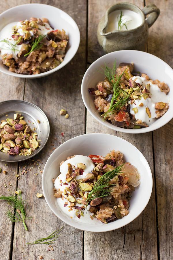 Aubergine Pilau With Yoghurt, Dill And Pistachio Nuts Photograph by Zuzanna Ploch