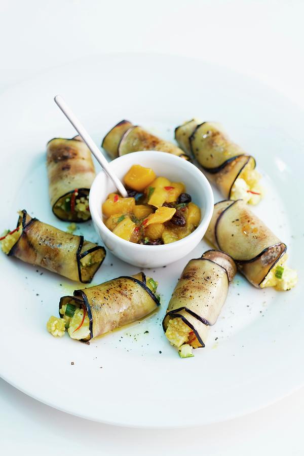Aubergine Rolls With A Fruity Vegetable Salsa Photograph by Michael Wissing