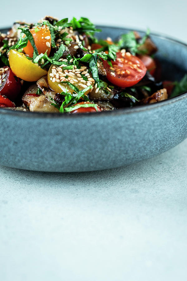 Aubergine Salad With Tomatoes And Sesame Seeds Photograph by Simone Neufing