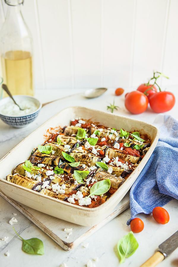 Aubergine Stuffed With Spinach And Feta Cheese And Bake With Tomato Sauce Photograph by Magdalena Hendey