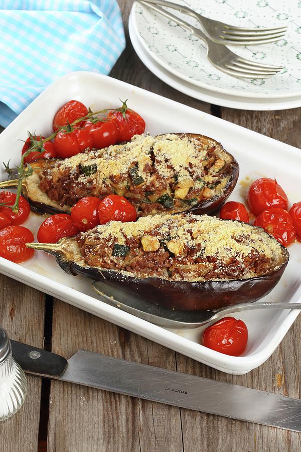 Aubergines Filled With Minced Meat Served With Oven Roasted Tomatoes Photograph by Zita Csig