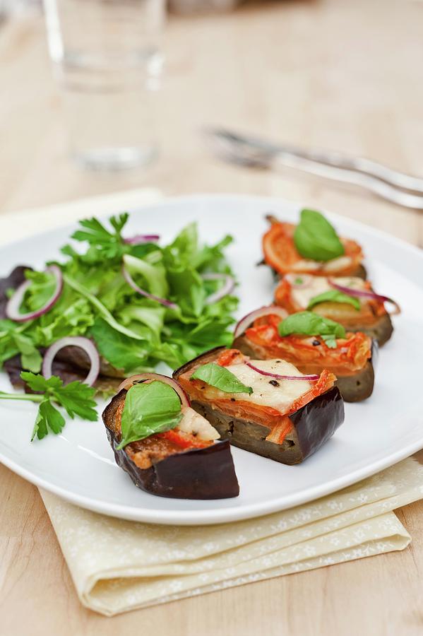 Aubergines With Tomatoes And Mozzarella Cooked In The Oven; Served With A Green Salad Photograph by Sarka Babicka