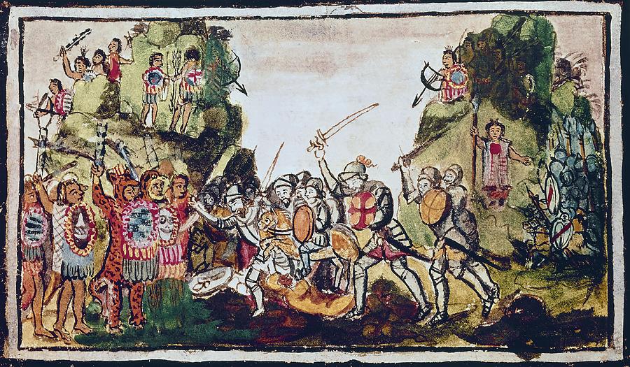 Aubin codex Hernan Cortes fighting the Indians. 16th century. Madrid, National Library. Drawing by Diego Duran -1537-1588-