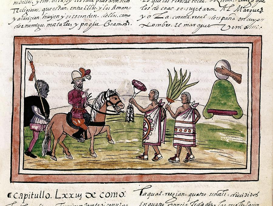 Aubin codex Hernan Cortes receiving offerings from caciques. 16th century. DIEGO DURAN . Painting by Diego Duran -1537-1588-