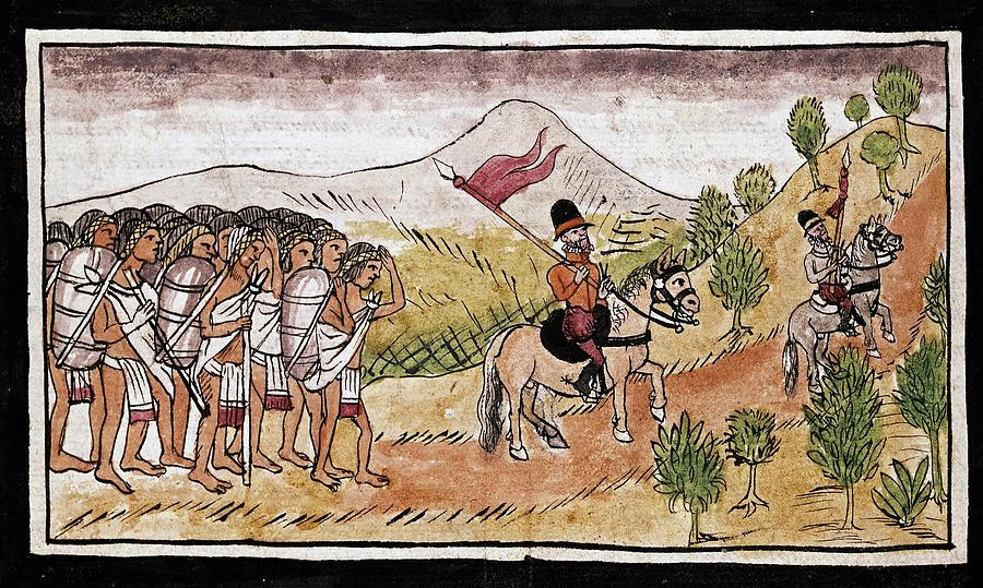 Aubin codex Hernan Cortes riding to Mexico. 16th century. Madrid, National library. DIEGO DURAN . Painting by Diego Duran -1537-1588-