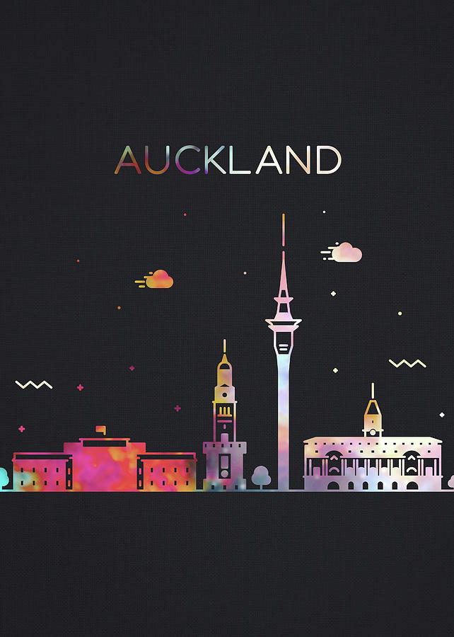 City Mixed Media - Auckland New Zealand City Skyline Whimsical Fun Dark Tall Series by Design Turnpike