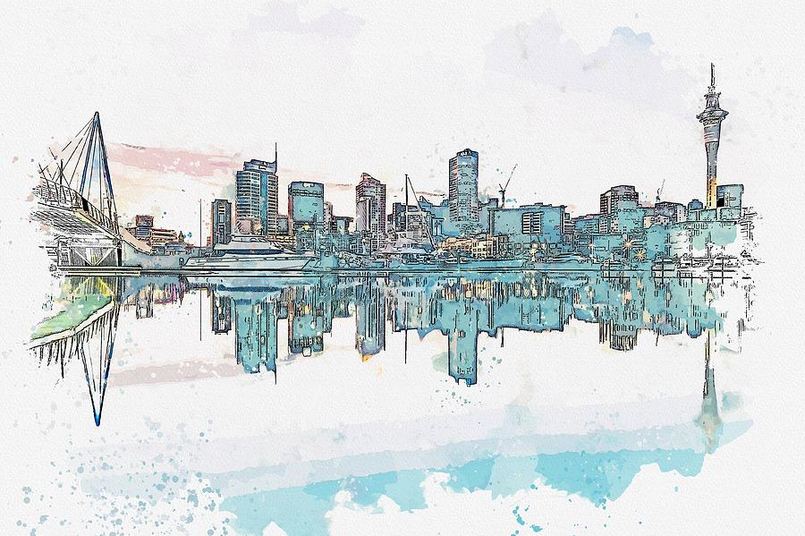 Auckland skyline, New Zealand watercolor by Adam Asar Painting by