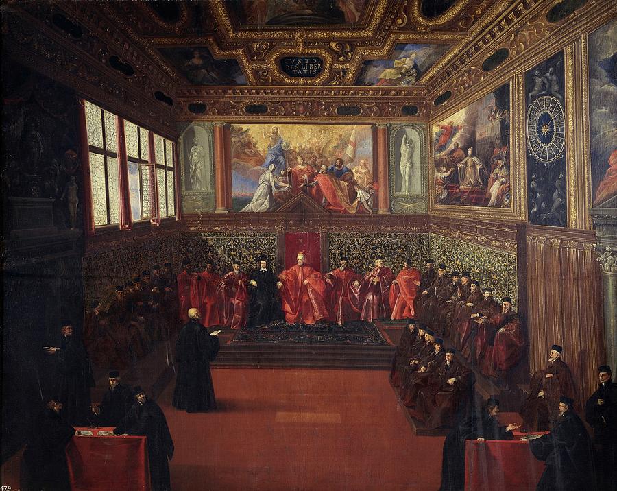 Audience of the Spanish Ambassador in Venice, 1606-1618, Italian School, Canv... Painting by Pietro Malombra -1556-1618-