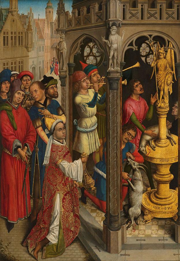 Augustine Sacrificing to an Idol of the Manichaeans -?-. Painting by Aert van den Bossche -attributed to- Meester van de Legende van de Heilige Barbara -rejected att