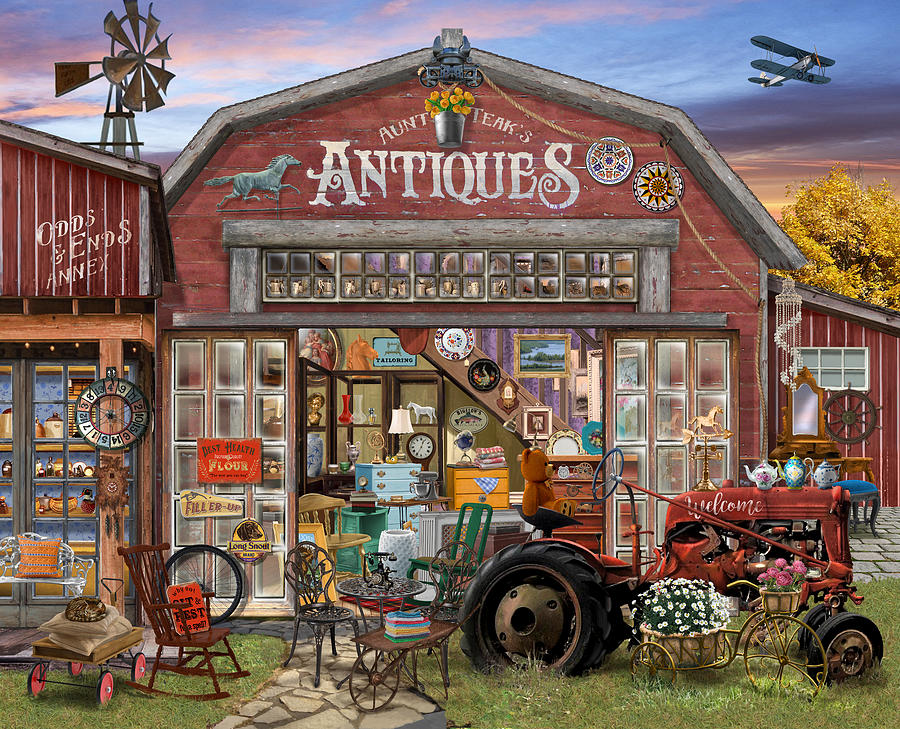 Vintage Painting - Aunt Teaks Antique Store by Bigelow Illustrations- Exclusive