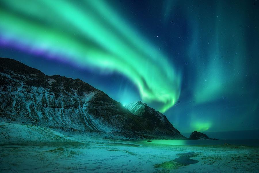 Aurora Borealis Above Beach In Lofoten Photograph by Denys Bilytskyi ...