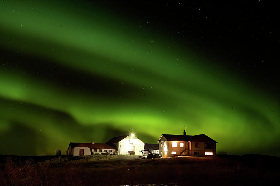 Aurora Borealis Over Farmhouse At Night Photograph by Arctic-images