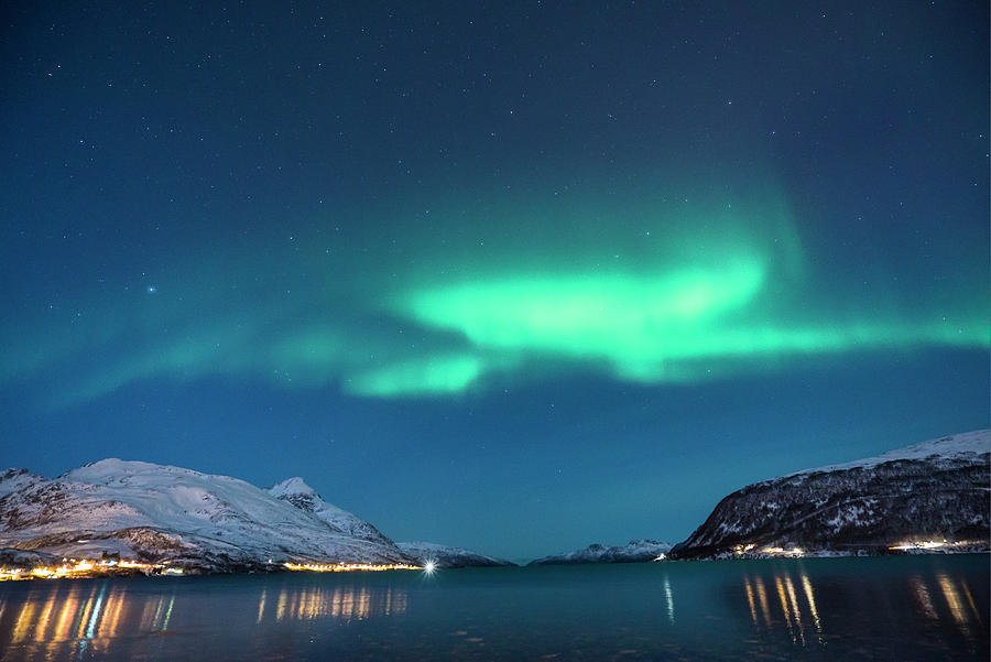 Aurora Borealis Over Kaldfjord, Norway Digital Art by Manfred Bortoli