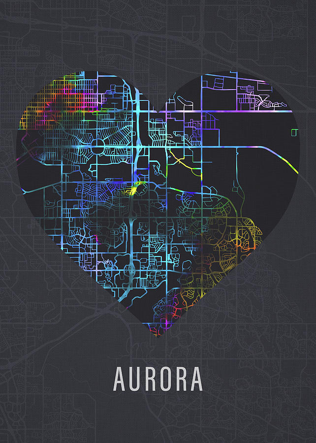 Aurora City Heart Street Map Love Dark Mode Mixed Media