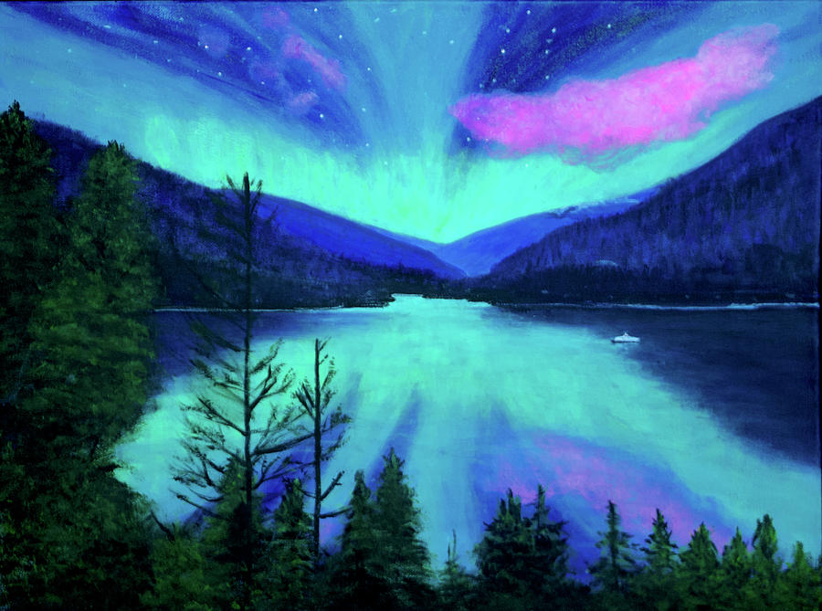 Aurora dancing over Kootenay Lake Painting by Laura Lagarde - Fine Art ...