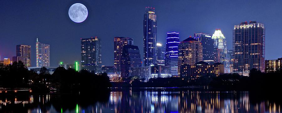 Austin Photograph - Austin at Lady Bird Lake with Moon by Frozen in Time Fine Art Photography