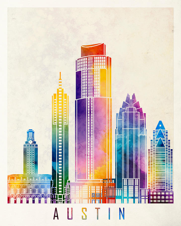 City Drawing - Austin Landmarks Watercolor Poster by Domiciano Pablo Romero Franco
