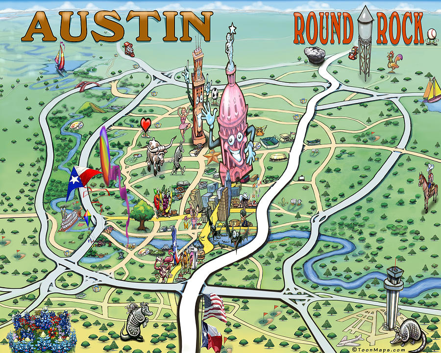 Austin Round Rock Texas Fun Map Digital Art by Kevin Middleton