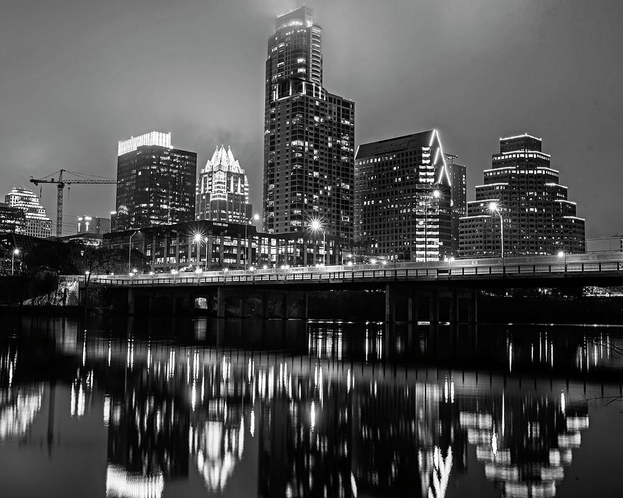 Austin Skyline Reflection Colorado River Austin TX Texas Black and White Photograph by Toby McGuire