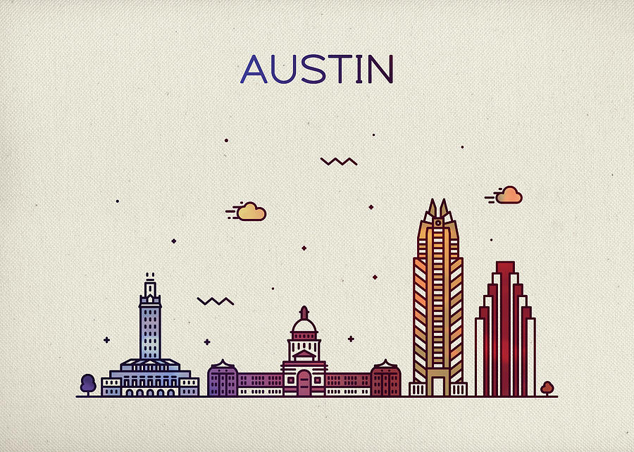 Austin Mixed Media - Austin Texas City Skyline Fun Whimsical Series Wide Bright by Design Turnpike