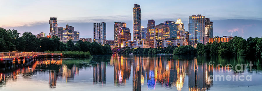 Austin Texas Images - Austin Skyline Panorama at Twilight Photograph by Bee Creek Photography - Tod and Cynthia