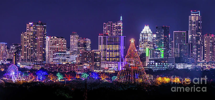 Austin Photograph - Colorful Zilker Christmas Tree and Austin Skyline Pano by Bee Creek Photography - Tod and Cynthia