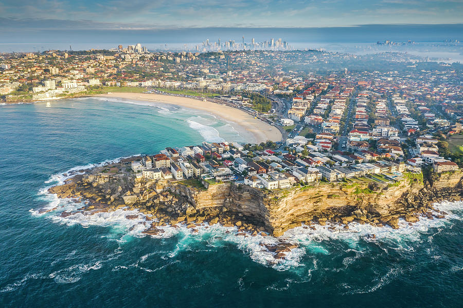 Australia, New South Wales, Sydney, Aerial View Of Bondi Beach; Ben Buckler Headland In Foreground, Bondi Beach, And Sydneys Central Business District In Background Digital Art by Jeremy Edwards